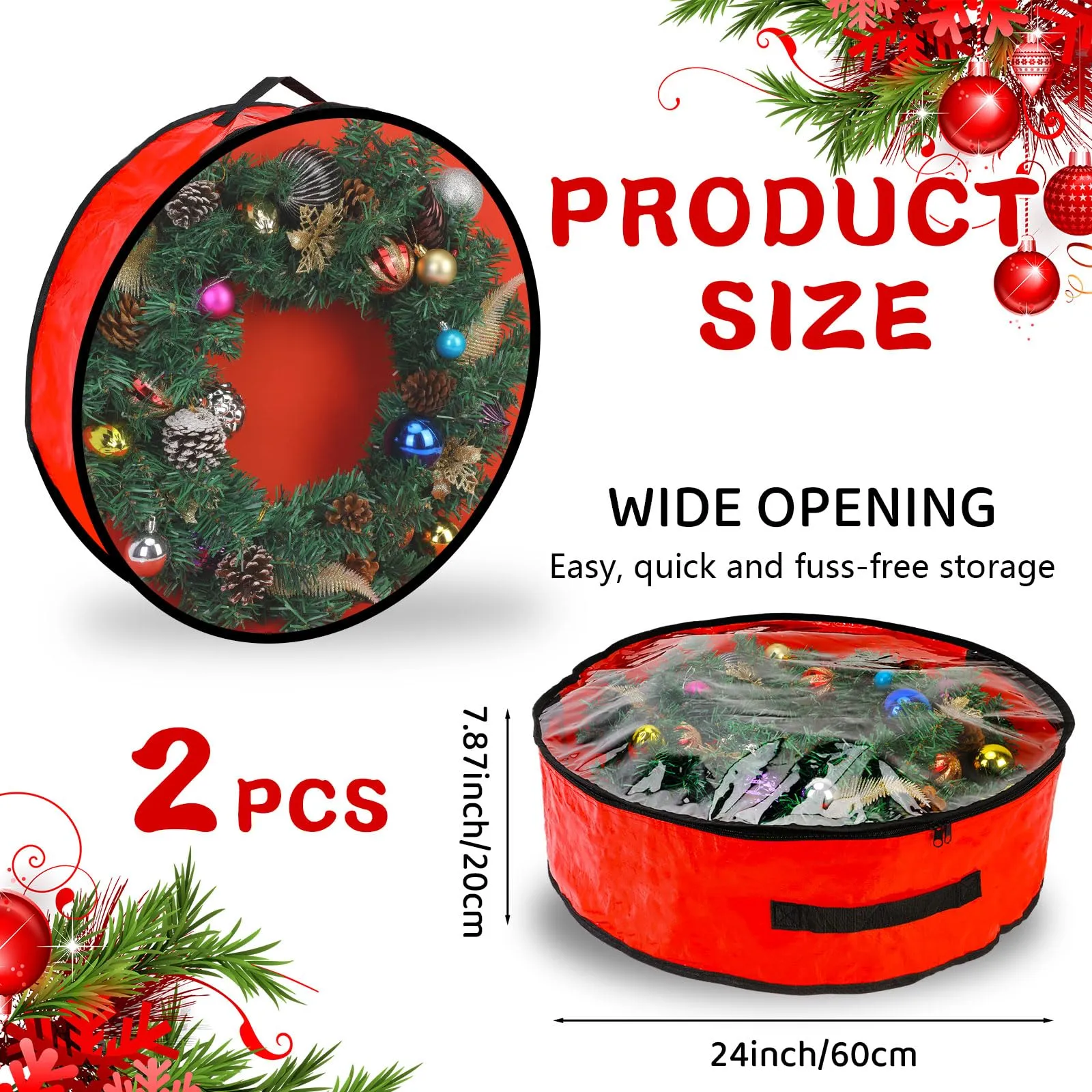 2 Pack Christmas Wreath Storage Container - 24 Inch, Garland Storage, Christmas Large Wreath Storage Container Cover, Durable Tarp Material, Dual Zipper Storage Bag for Xmas Holiday, Red