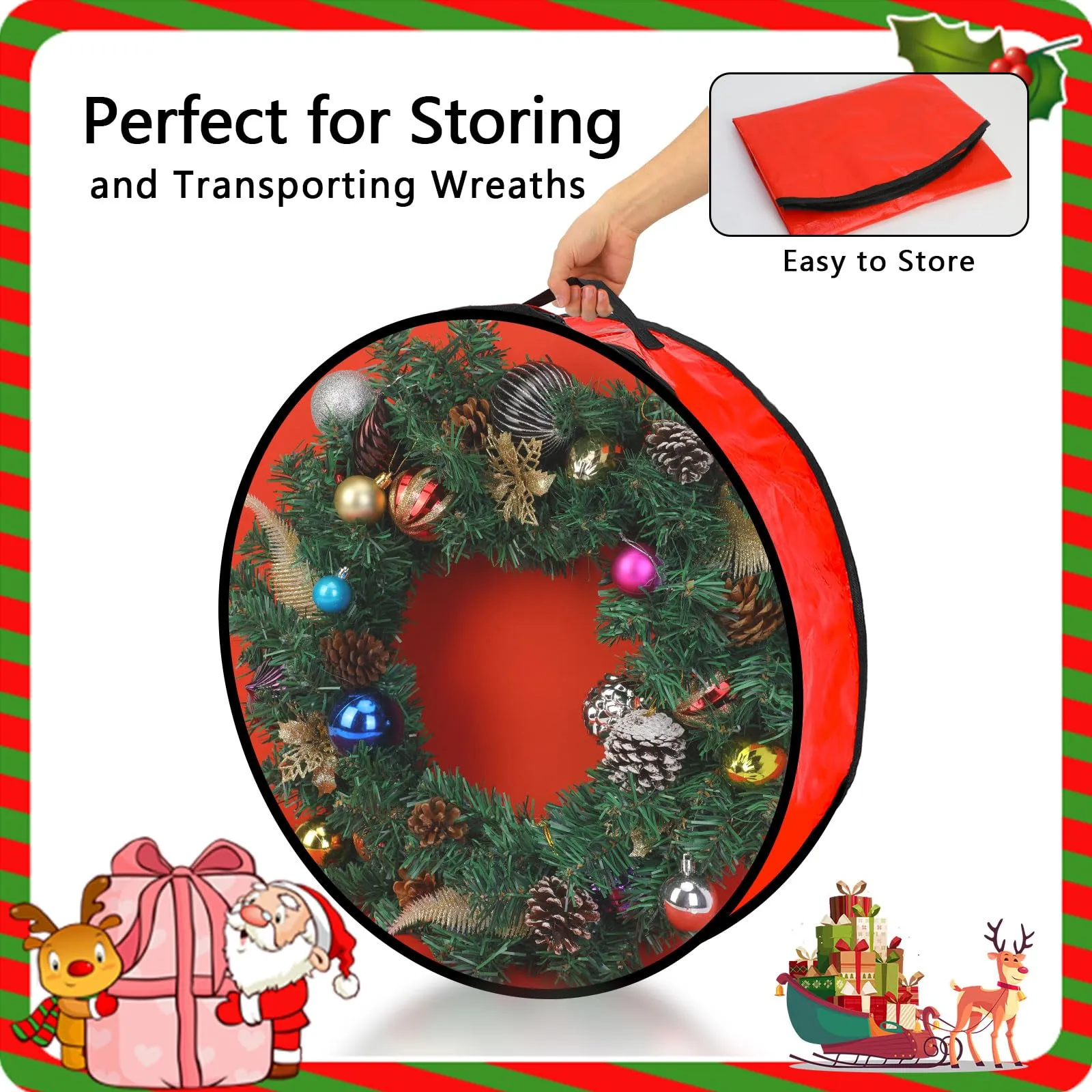 2 Pack Christmas Wreath Storage Container - 24 Inch, Garland Storage, Christmas Large Wreath Storage Container Cover, Durable Tarp Material, Dual Zipper Storage Bag for Xmas Holiday, Red