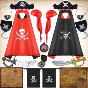 2 Set Kids Pirate Cape Costume, Pirate Cosplay Role Play Set Decoration Accessories Halloween Party Gift for Kids (Cape, Hook, Hats, Eye Patch, Sword,Compass)