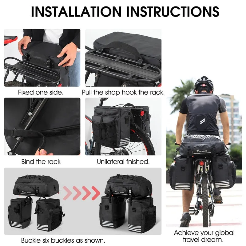 3 In 1 Cycling Pannier 48L Large Capacity Bicycle Bag Waterproof MTB Mountain Bike Rear Seat Trunk Bags Backpack