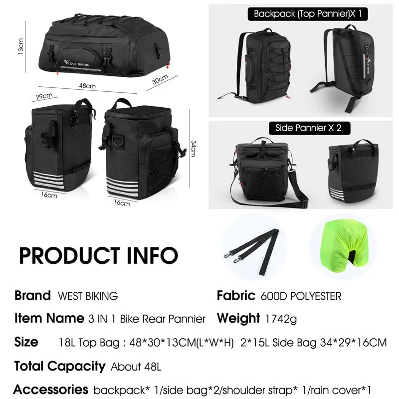 3 In 1 Cycling Pannier 48L Large Capacity Bicycle Bag Waterproof MTB Mountain Bike Rear Seat Trunk Bags Backpack