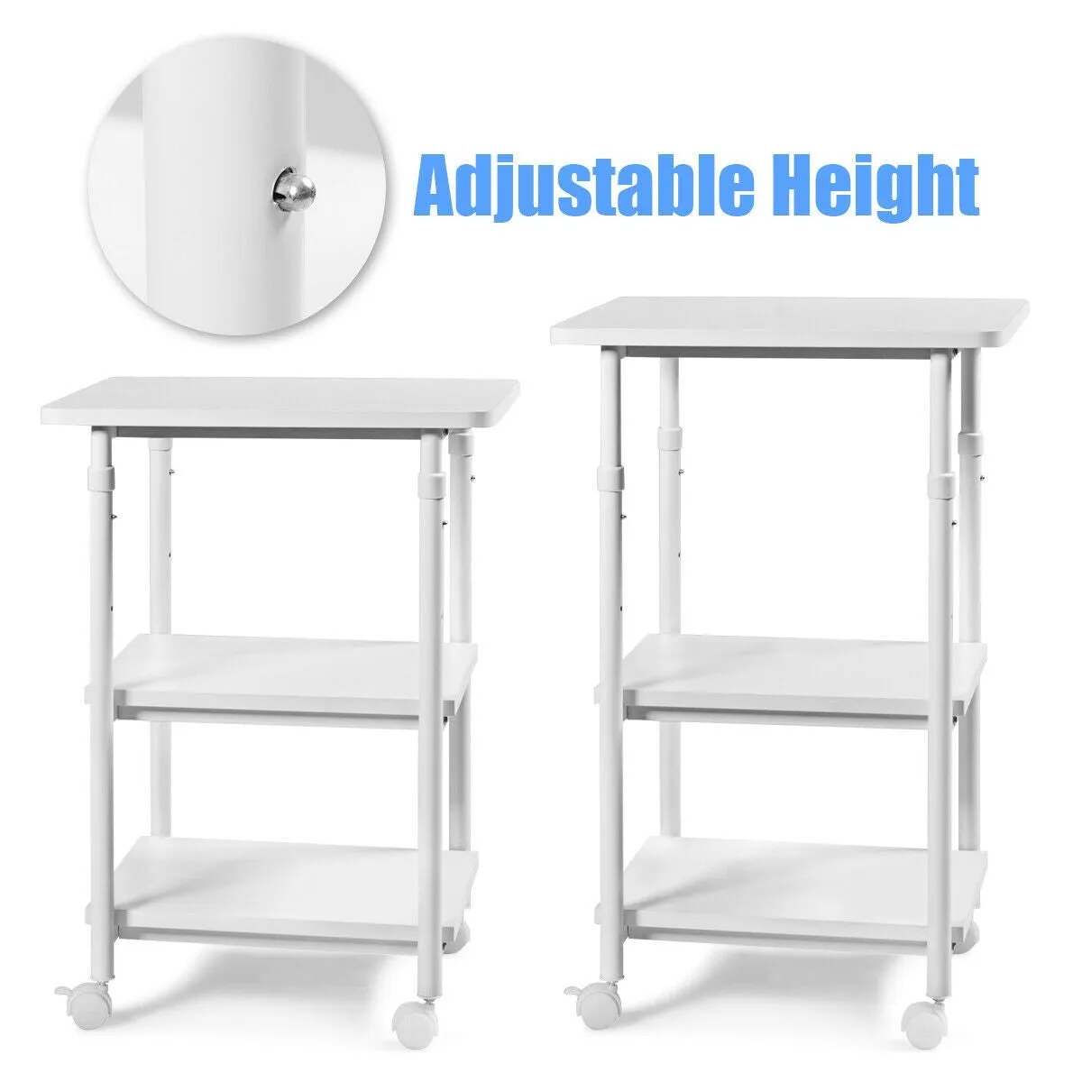 3-tier Adjustable Printer Stand with 360-degree Swivel Casters - White