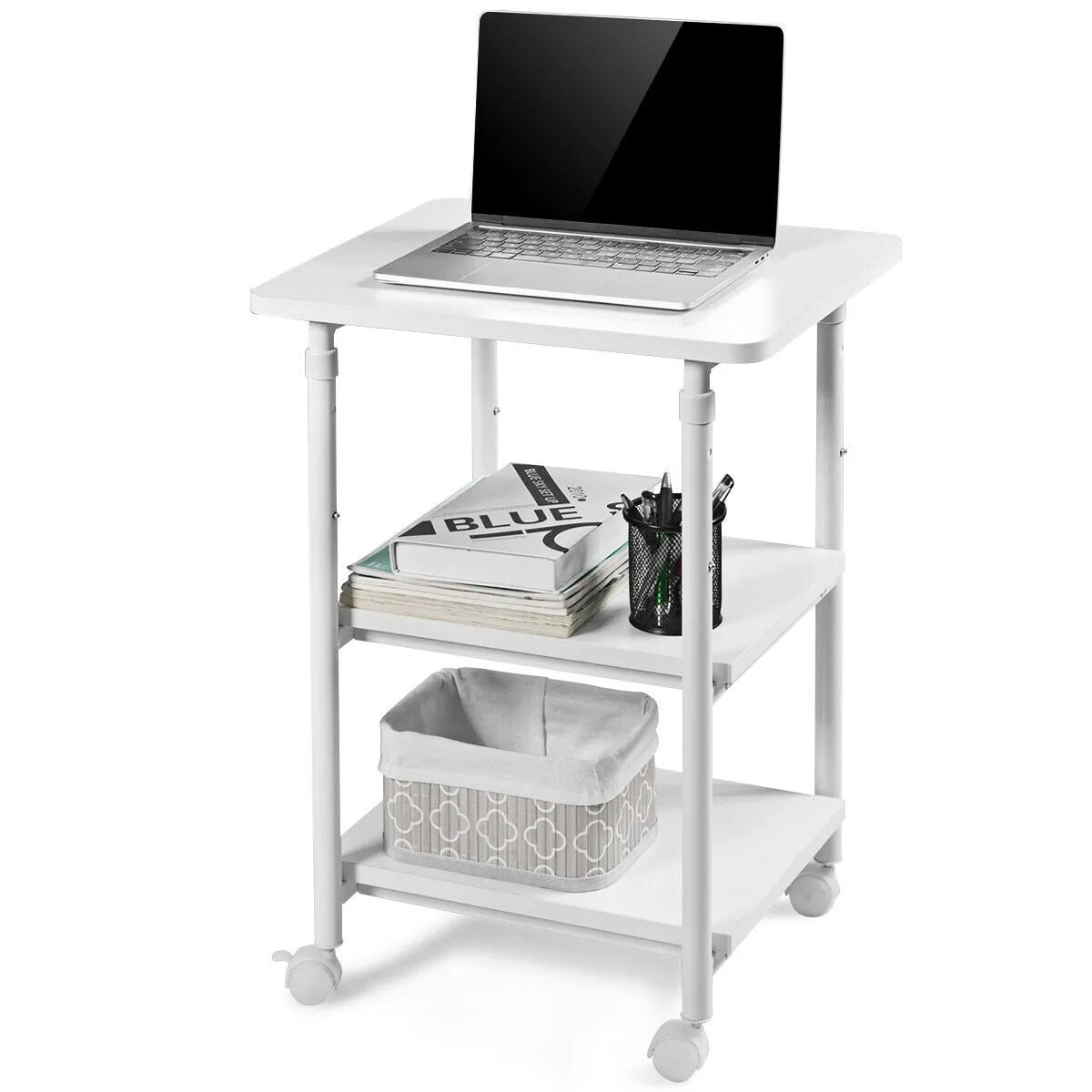 3-tier Adjustable Printer Stand with 360-degree Swivel Casters - White