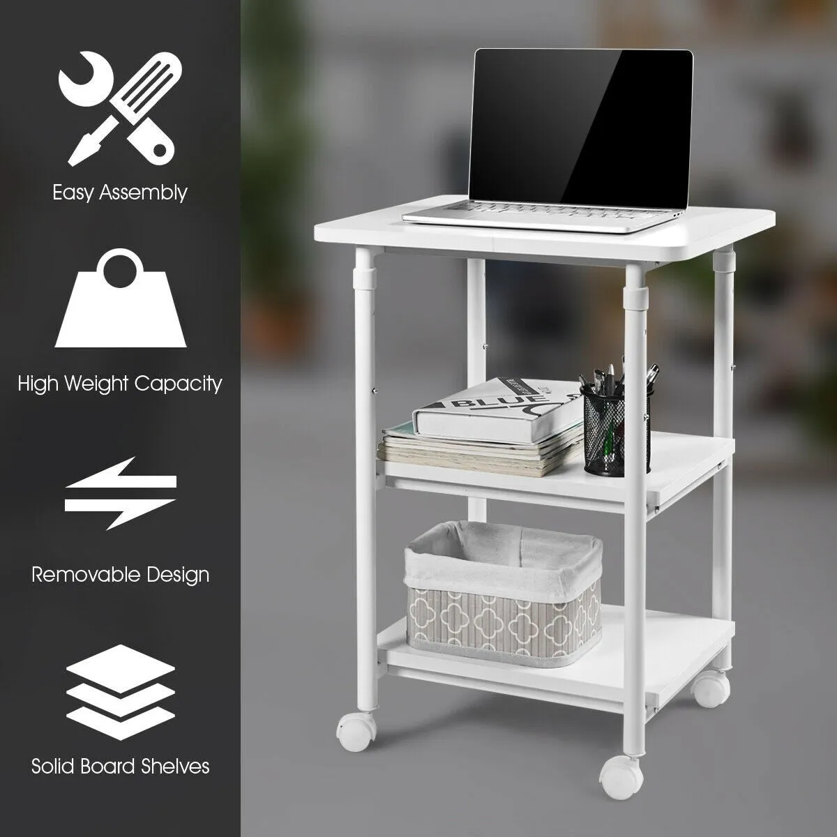 3-tier Adjustable Printer Stand with 360-degree Swivel Casters - White