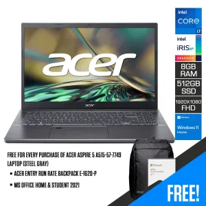 Acer Aspire 5 A515-57-7749 Laptop (Steel Gray) | 15.6" FHD (1920 x 1080) | i7-1255U | 8GB DDR4 | 512GB SSD | Intel Iris Xe | Windows 11 | MS Office & Student 2021 | Acer Entry Run Rate Backpack E-1620-P