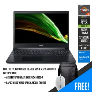 ACER Aspire 7 A715-42G-R9F8 Laptop (Black) | 15.6" FHD | RYZEN 7 5700U | 8GB DDR4 | 512GB SSD | RTX 3050 TI | Windows 11 Home | ACER Entry Run Rate Backpack E-1620-P | Promate Clix-8 Wireless Optical Mouse (Black)