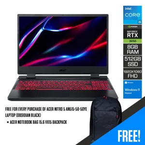 ACER Nitro 5 AN515-58-50YE Laptop (Obsidian Black) | 15.6" FHD 1920x1080 | i5 12500H | 8GB DDR4 | 512GB SSD | RTX 3050 | Windows 11 Home | ACER Notebook Bag 15.6 VX15 Backpack