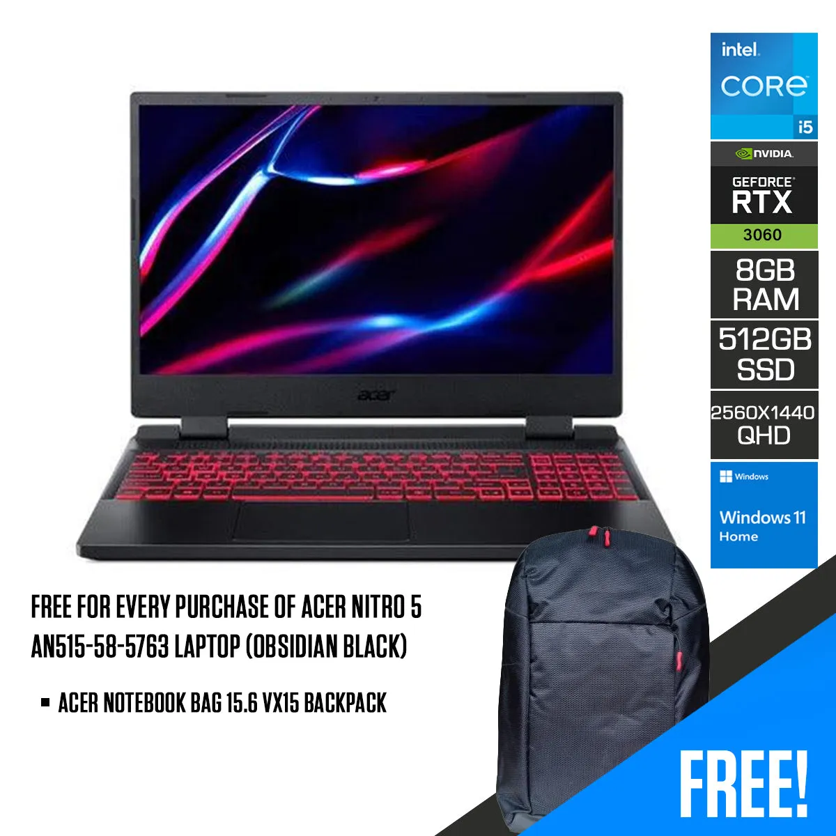 ACER Nitro 5 AN515-58-5763 Laptop (Obsidian Black) | 15.6" FHD | i5-12500H  | 8GB RAM DDR4 | 512 GB SSD | RTX 3060 | Windows 11 Home | ACER Notebook Bag 15.6 VX15 Backpack