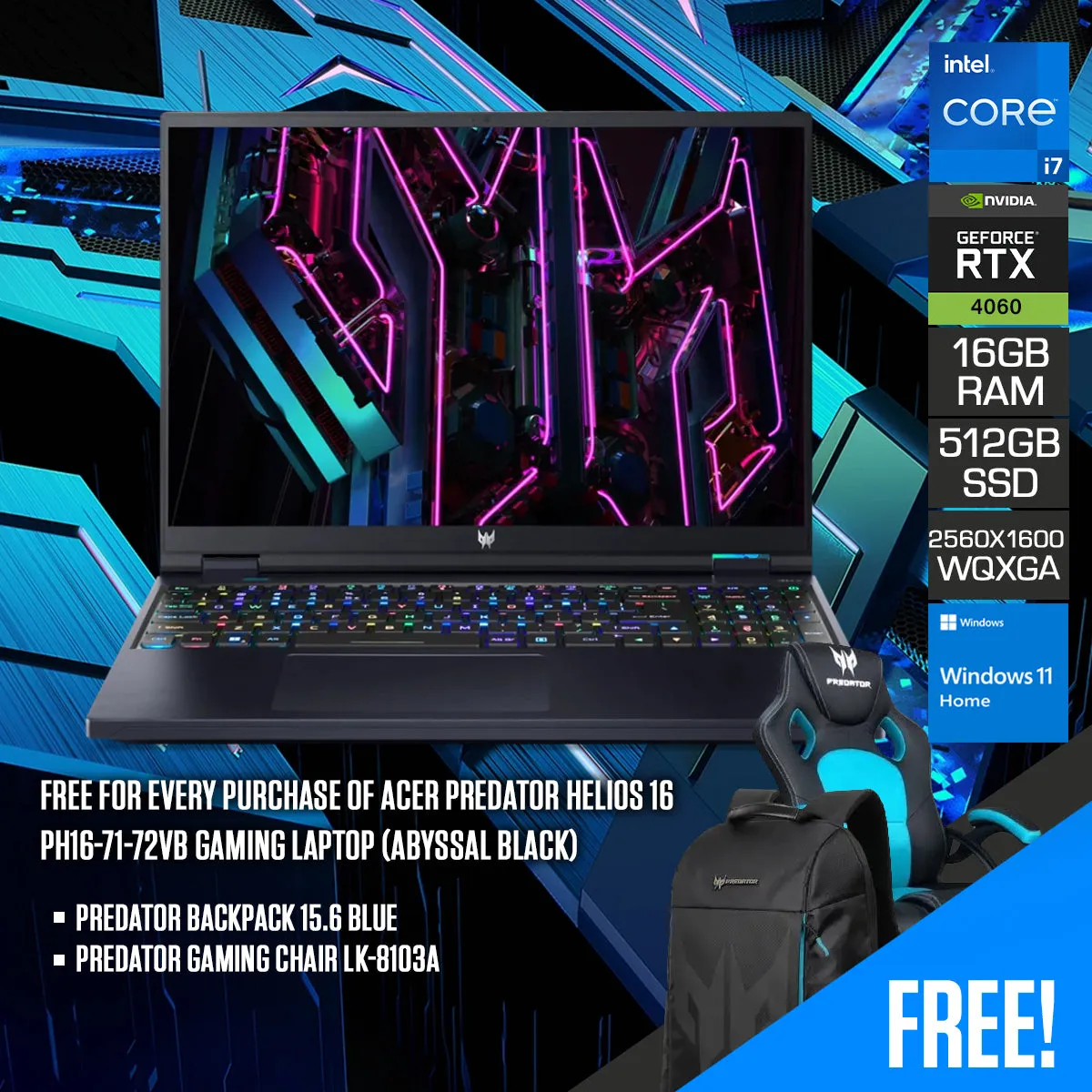 Acer Predator Helios 16 PH16-71-72VB Gaming Laptop (Abyssal Black) | 16” WQXGA (2560 x 1600) 240 Hz | i7 13700HX | 16GB RAM | 512GB SSD | RTX 4060 | Windows 11 Home | Predator Backpack | Predator Gaming Chair LK-8103A