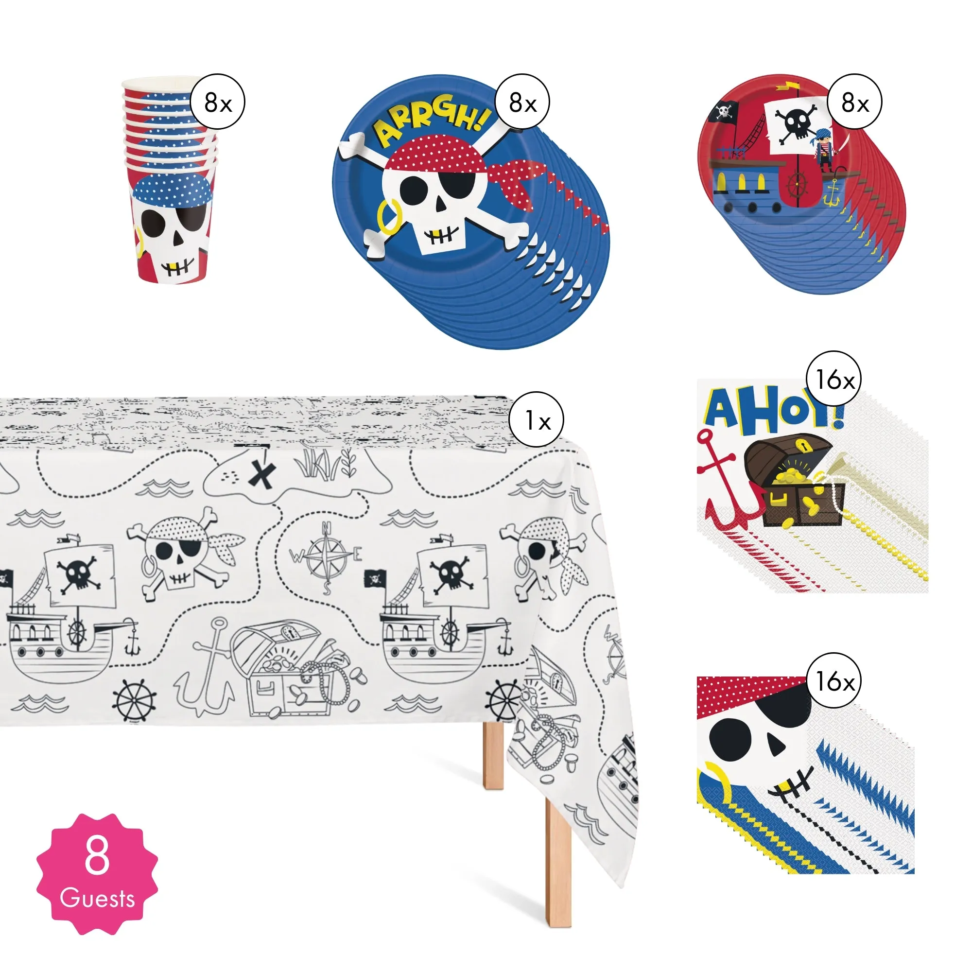 Ahoy Pirate Basic Tableware Birthday Party Supplies Kit, 8 Guests