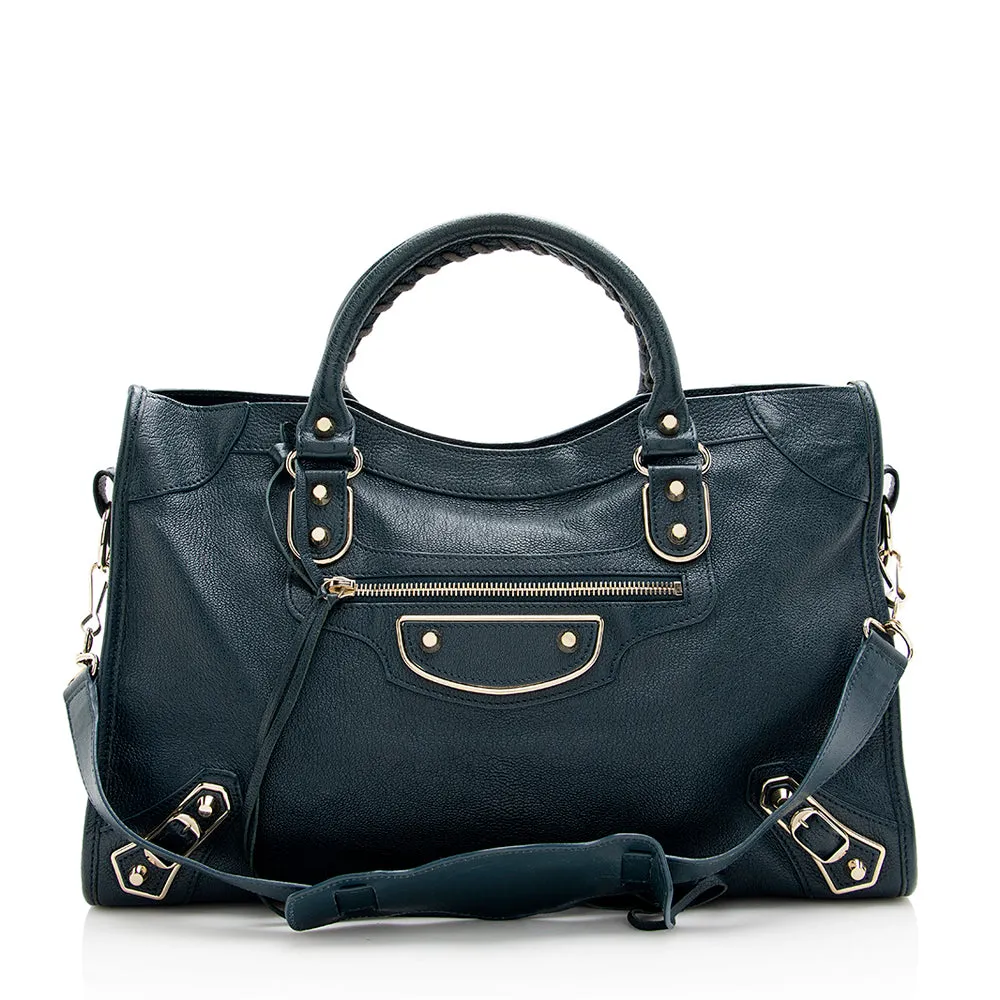 Stylish Balenciaga Agneau City Satchel with Elegant Metallic Edges