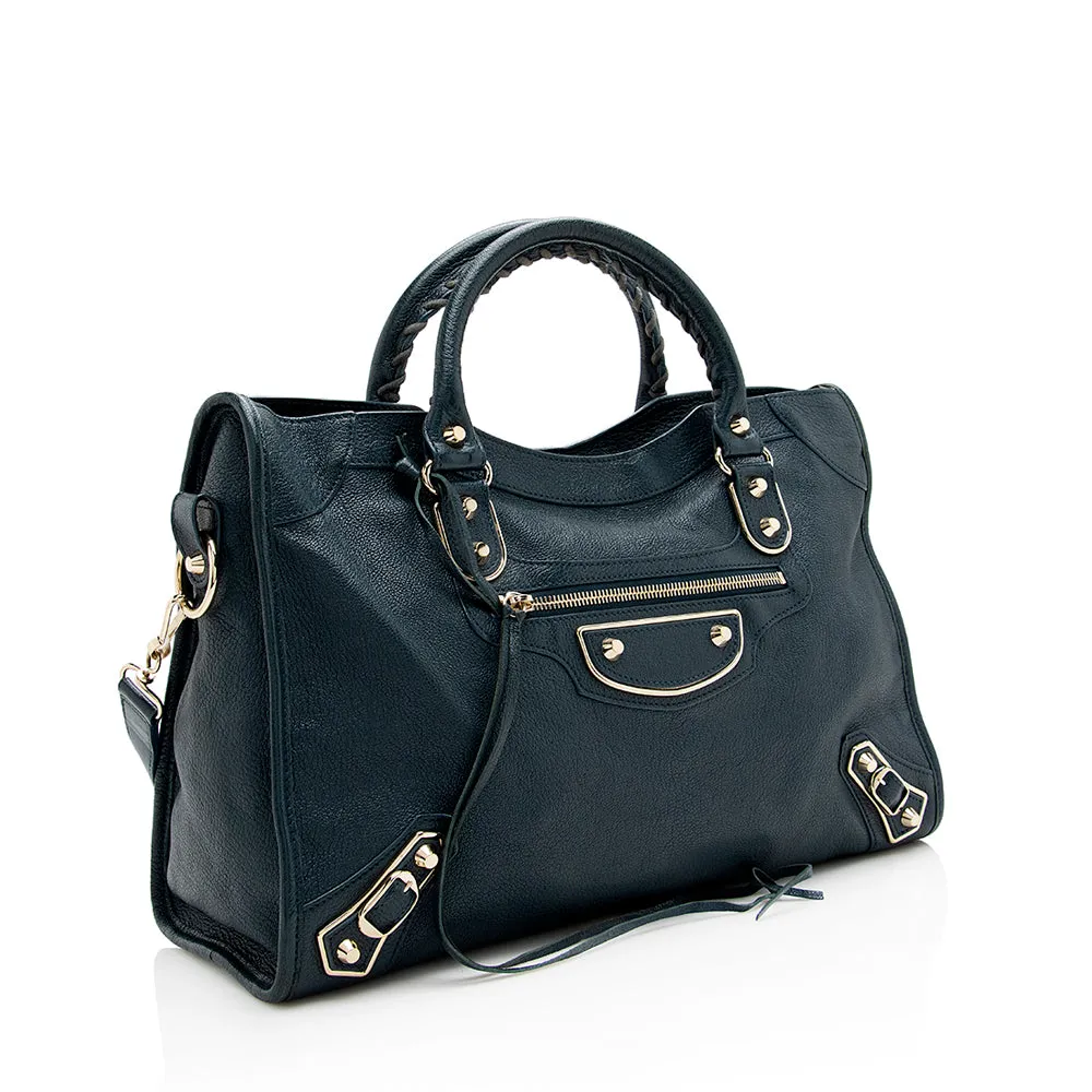 Stylish Balenciaga Agneau City Satchel with Elegant Metallic Edges