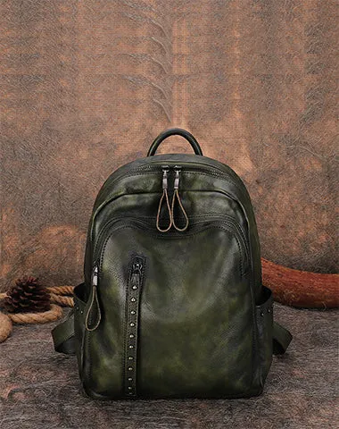 Best Black Gray Leather Rucksack Womens Vintage School Backpack With Rivet Leather Backpack Purse