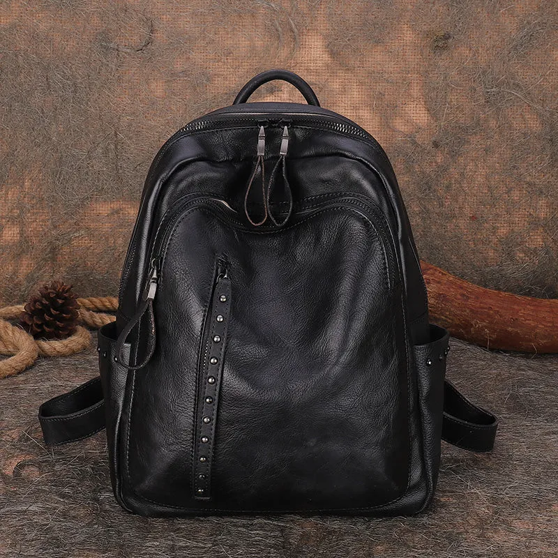 Best Black Gray Leather Rucksack Womens Vintage School Backpack With Rivet Leather Backpack Purse