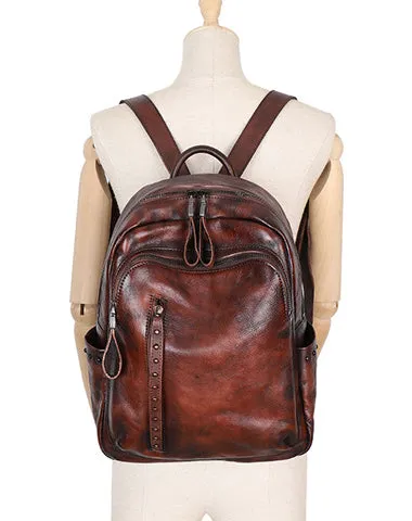 Best Black Gray Leather Rucksack Womens Vintage School Backpack With Rivet Leather Backpack Purse