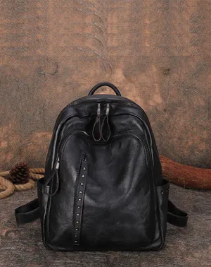 Best Black Gray Leather Rucksack Womens Vintage School Backpack With Rivet Leather Backpack Purse