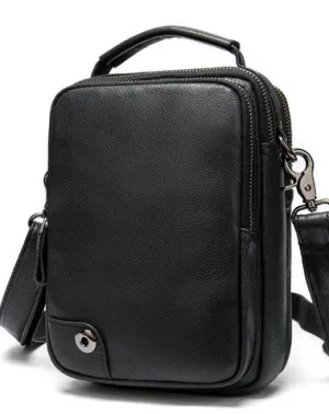 Black Cool Leather 8 inches Small Vertical Messenger Bag Courier Bag Postman Bag For Men