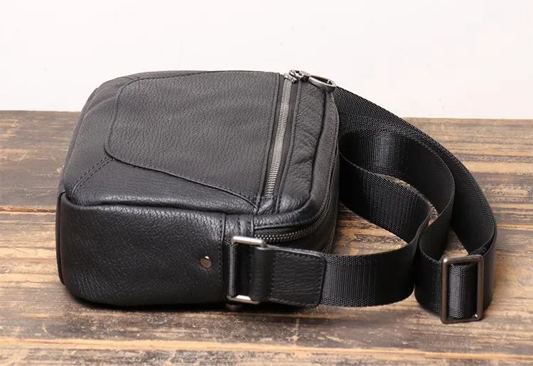 Black Cool Leather Small Zipper Messenger Bag Black Courier Bag Side Bag Black Shoulder Bag For Men