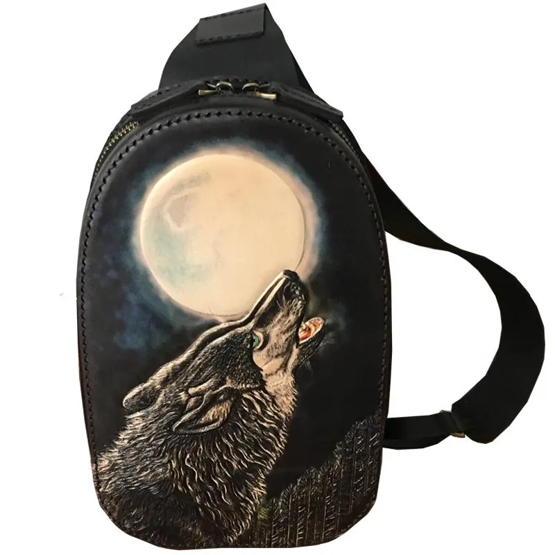 Black Handmade Tooled Leather Sling Bag Chest Bag Wolf One Shoulder Backpack For Men