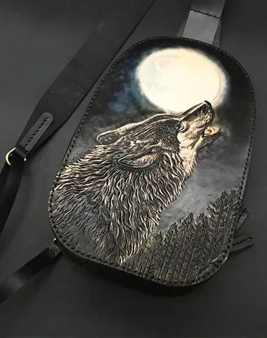 Black Handmade Tooled Leather Sling Bag Chest Bag Wolf One Shoulder Backpack For Men