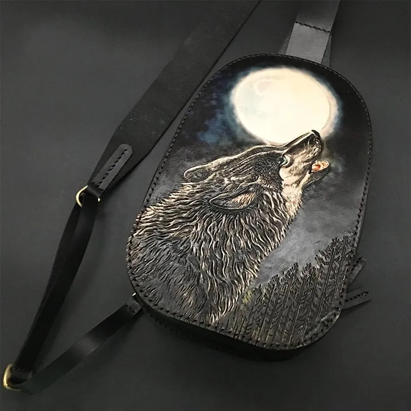 Black Handmade Tooled Leather Sling Bag Chest Bag Wolf One Shoulder Backpack For Men