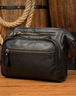 Black Leather Fanny Pack Mens Waist Bag Hip Pack Belt Bags Bumbag for Men