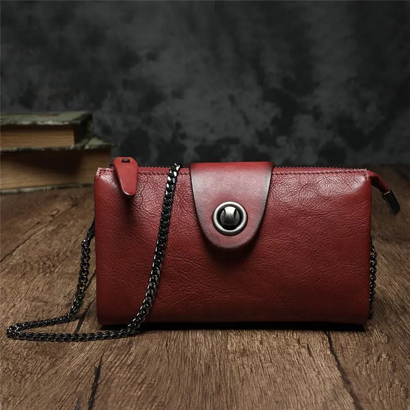 Black Leather Mini Chain Shoulder Bag Red Womens Leather Brown Clutch Chain Purse