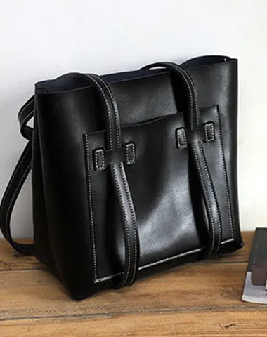 Black LEATHER WOMEN Tote BAGs Handmade Strap Cute Shopper Tote Purses FOR WOMEN