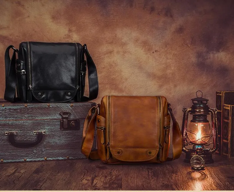 Black Mens Vintage Vertical Small Messenger Bag Brown Leather Side Bag Couier Bag for Men