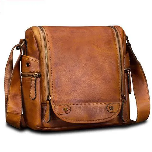 Black Mens Vintage Vertical Small Messenger Bag Brown Leather Side Bag Couier Bag for Men