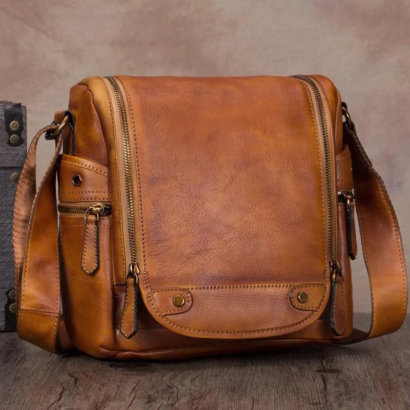 Black Mens Vintage Vertical Small Messenger Bag Brown Leather Side Bag Couier Bag for Men