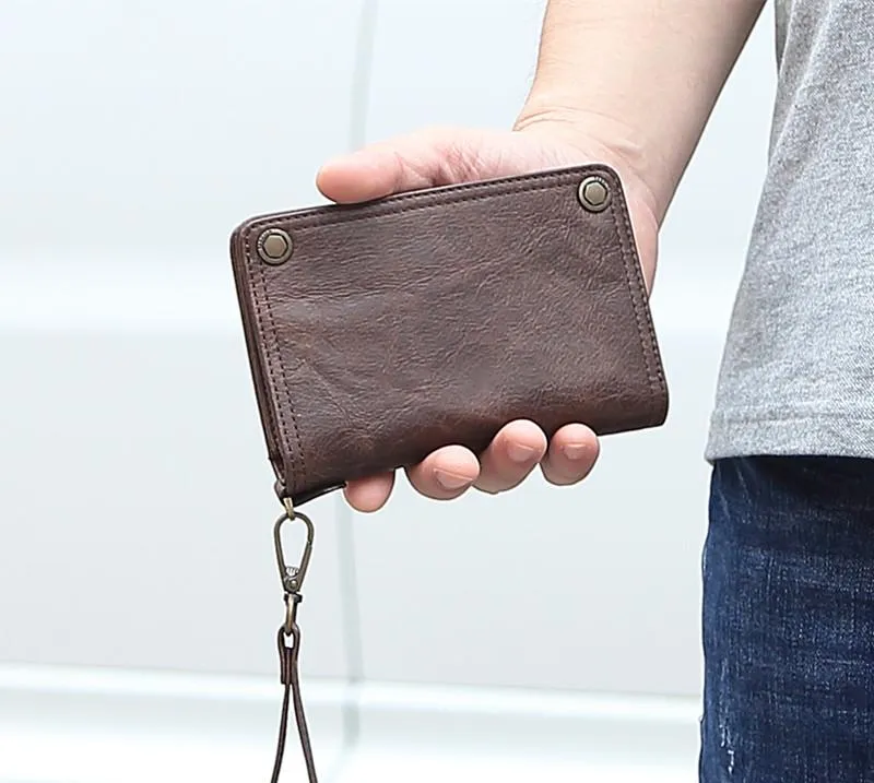 Black Small MENS LEATHER Bifold Wallet SLIM ZIPPER CLUTCH WRISTLET Brown Wallet FOR MEN