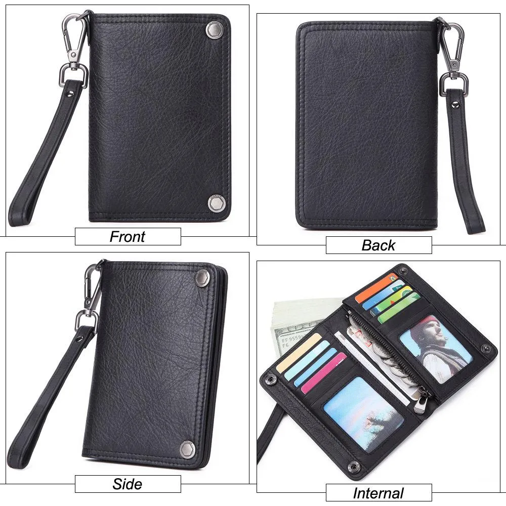 Black Small MENS LEATHER Bifold Wallet SLIM ZIPPER CLUTCH WRISTLET Brown Wallet FOR MEN