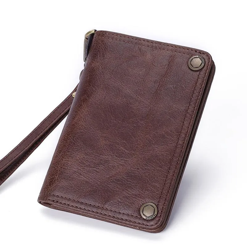 Black Small MENS LEATHER Bifold Wallet SLIM ZIPPER CLUTCH WRISTLET Brown Wallet FOR MEN