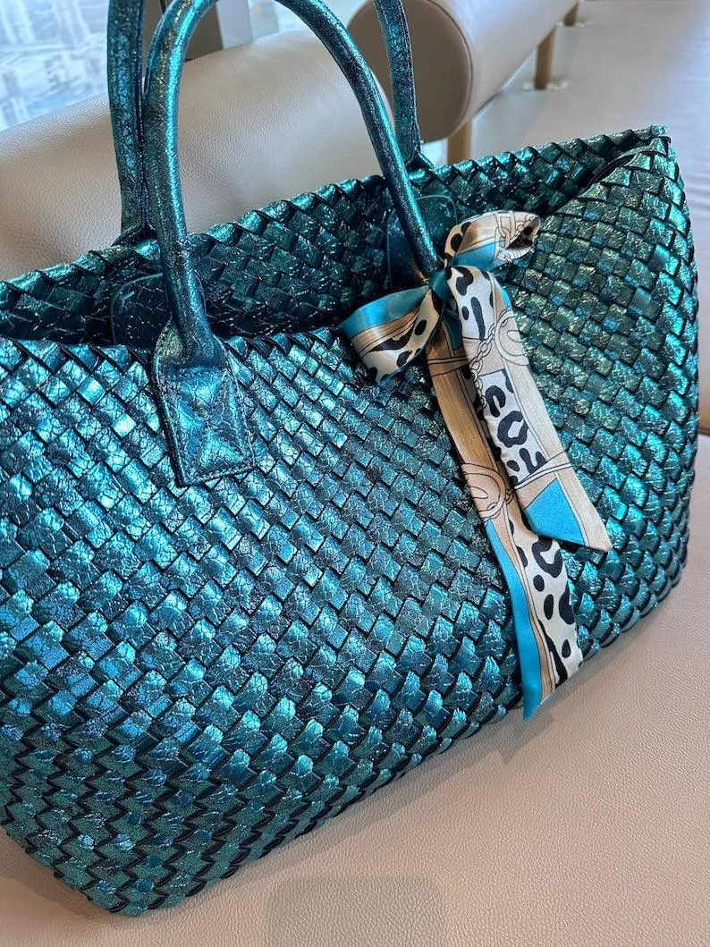 Chic Serpent Print Tote Bag - Luxurious Metallic & Vivid Hues Handwoven Vegan Leather Tote/Weekend Bag