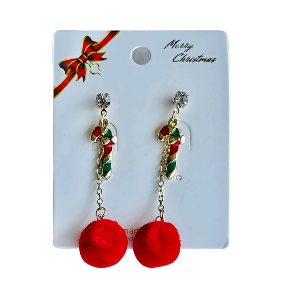 Christmas earrings accessories party wear, Red Pompom hanging with Candy sticks