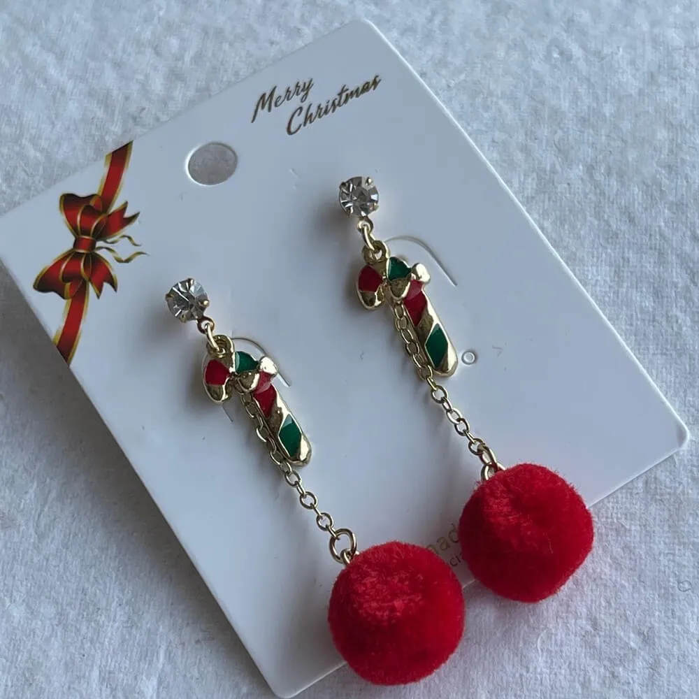 Christmas earrings accessories party wear, Red Pompom hanging with Candy sticks