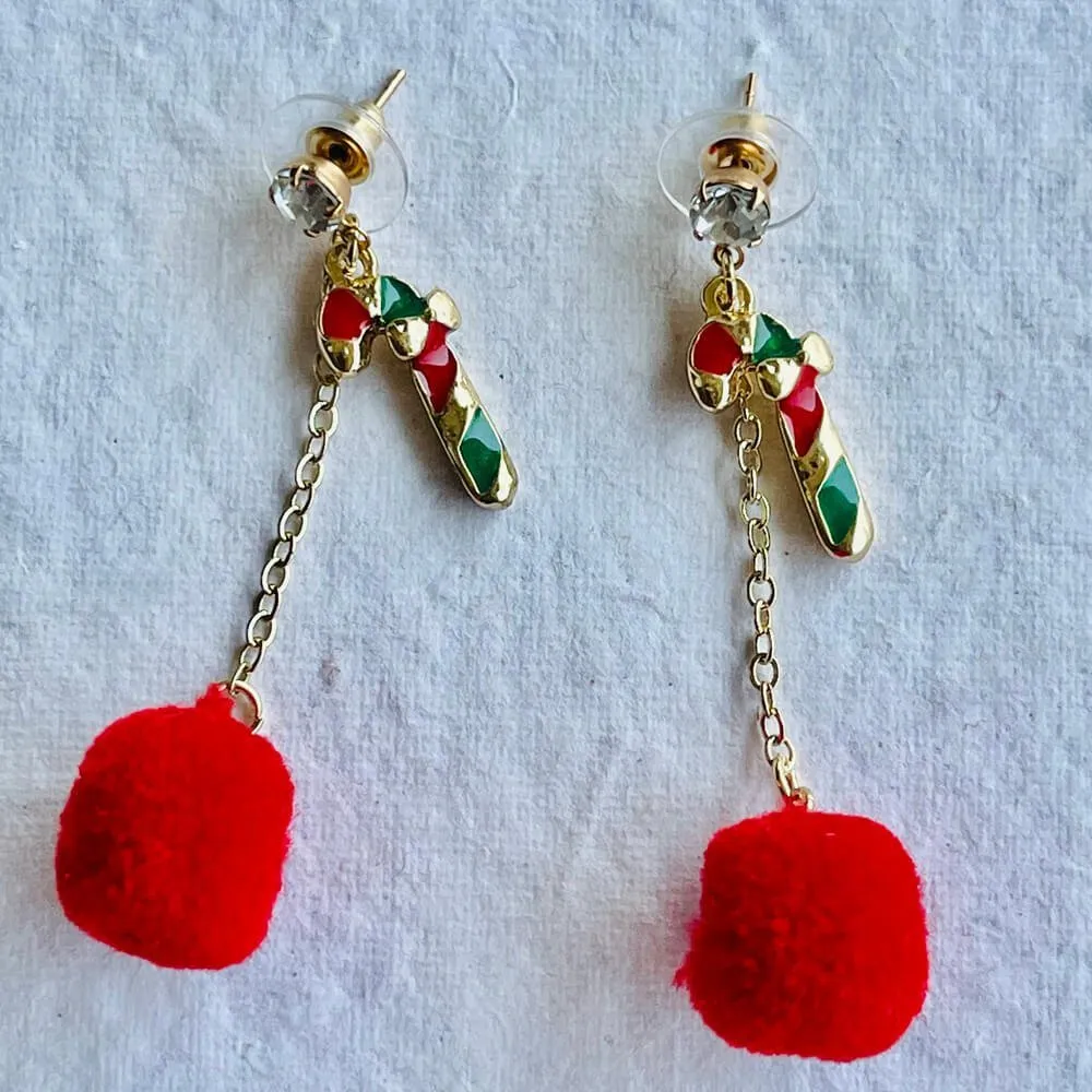 Christmas earrings accessories party wear, Red Pompom hanging with Candy sticks