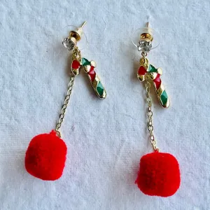 Christmas earrings accessories party wear, Red Pompom hanging with Candy sticks