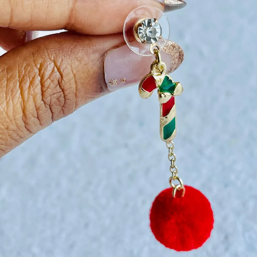 Christmas earrings accessories party wear, Red Pompom hanging with Candy sticks