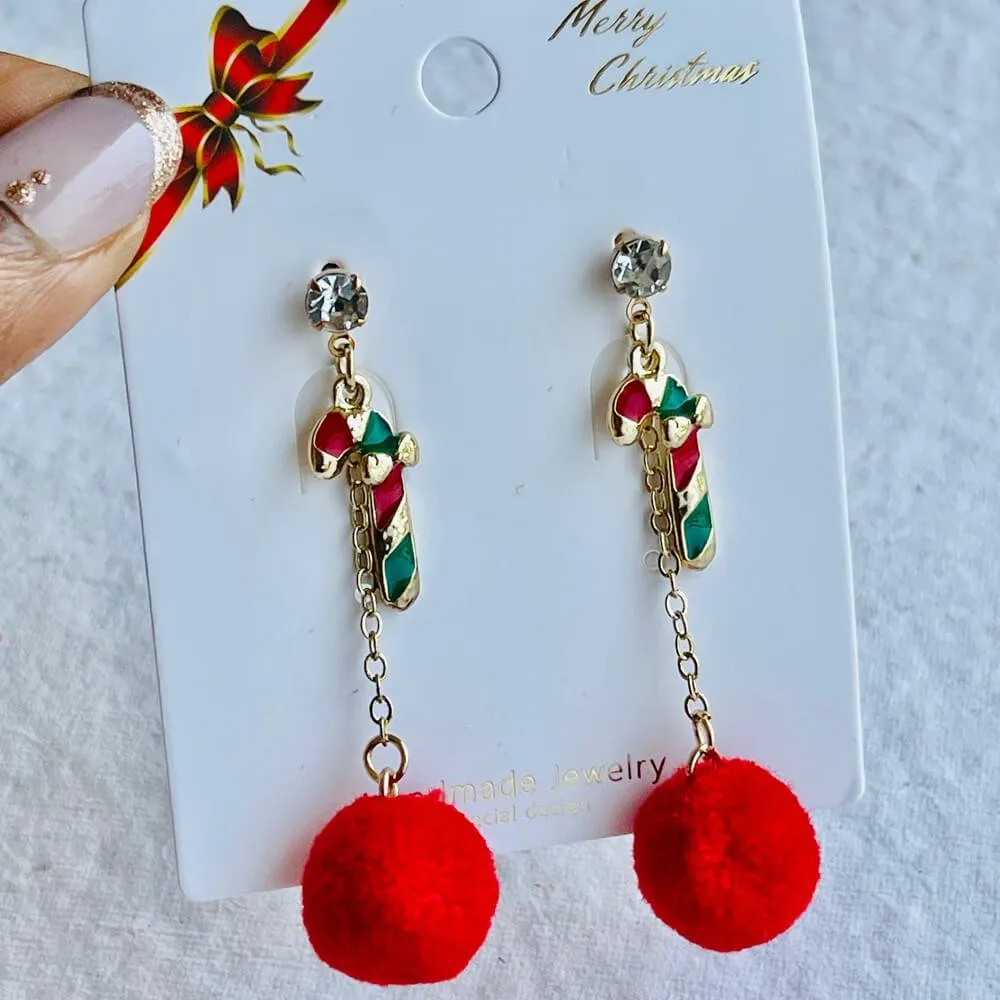 Christmas earrings accessories party wear, Red Pompom hanging with Candy sticks