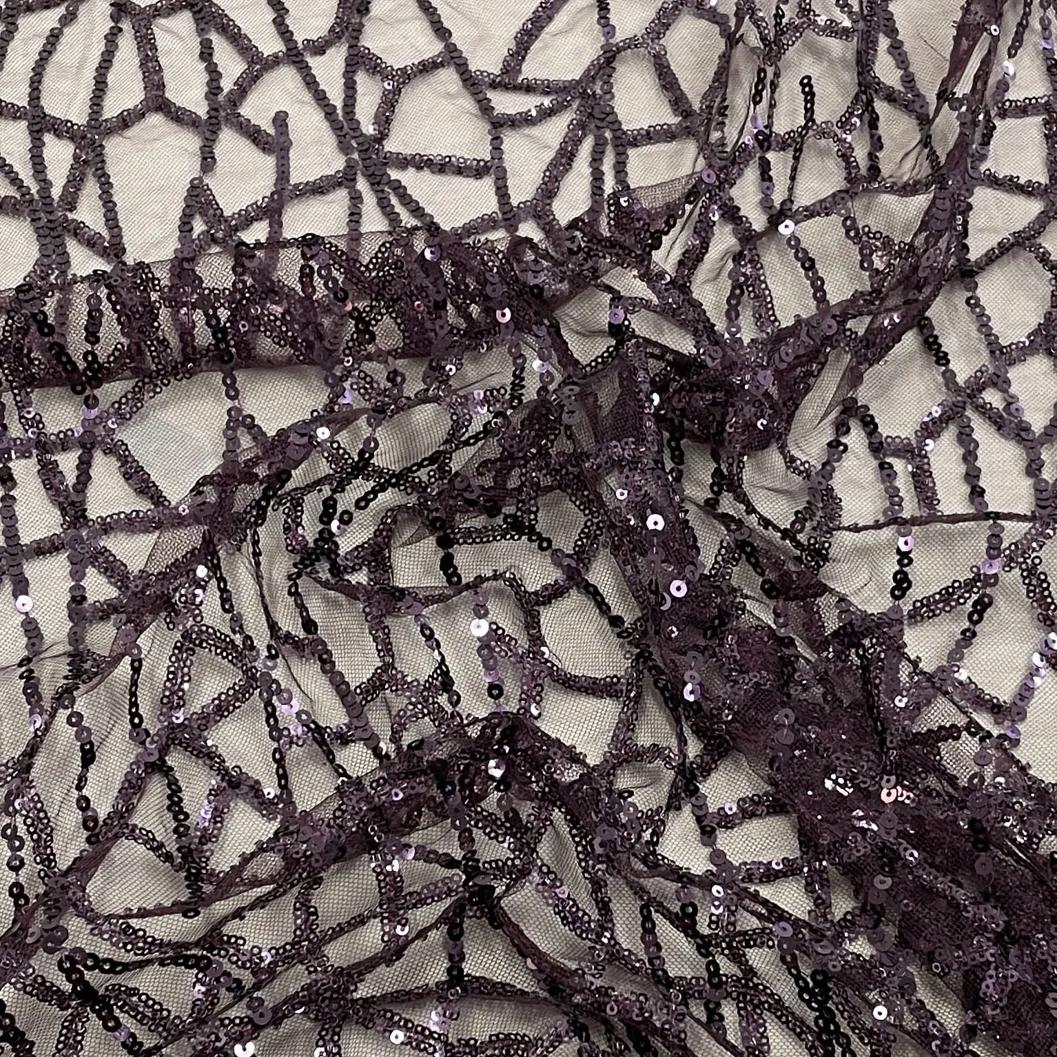 Classic Wine Geometrical Sequins Embroidery Net Fabric