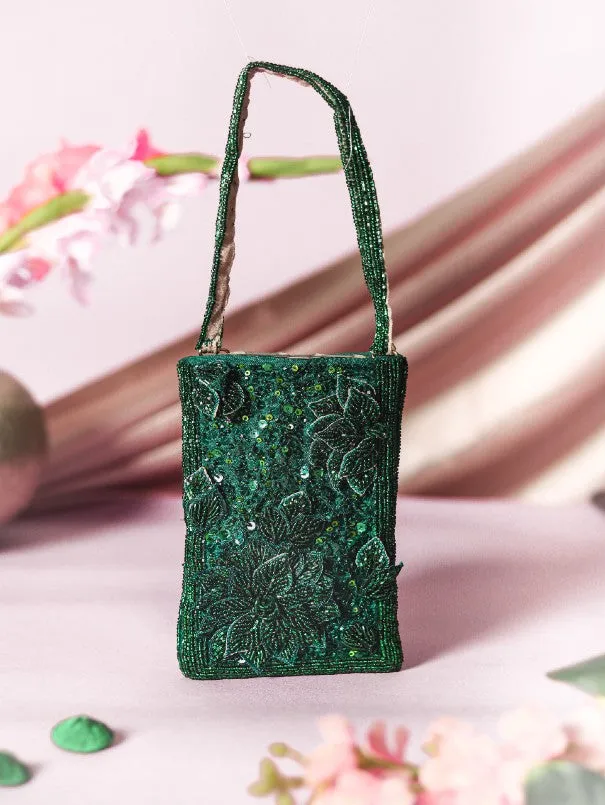 Deep Emerald Green Applique Work Art Raw Silk Mobile Pouch