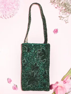 Deep Emerald Green Applique Work Art Raw Silk Mobile Pouch