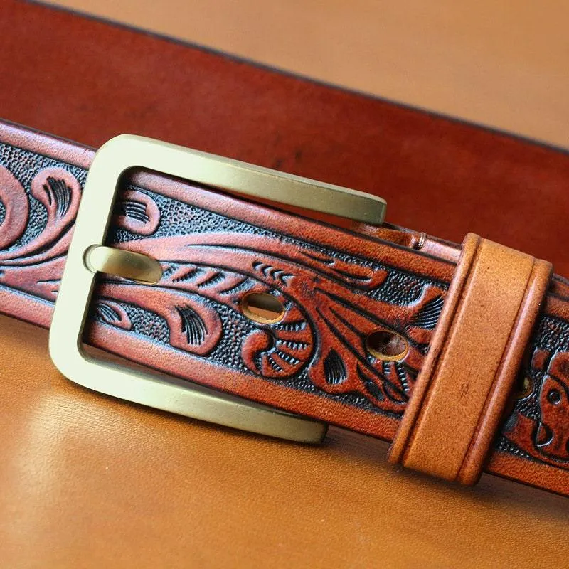 Embossed Full Grain Leather Western Style Leather Belt, Cowboy Rodeo Tulip Embossed leather Belt, Handcrafted, Unisex Belt, Gift