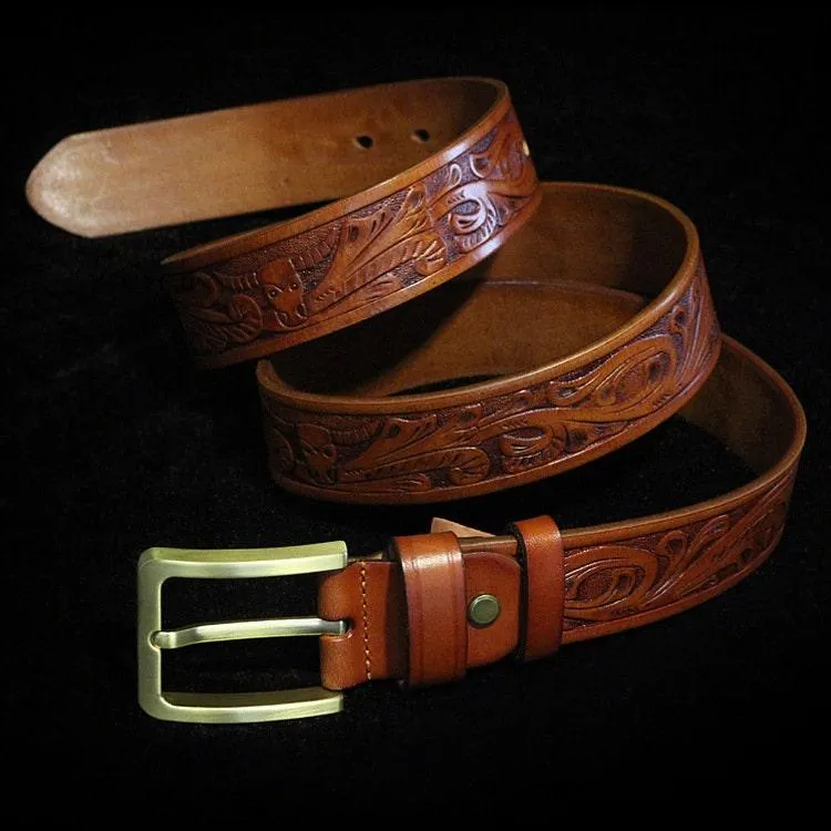 Embossed Full Grain Leather Western Style Leather Belt, Cowboy Rodeo Tulip Embossed leather Belt, Handcrafted, Unisex Belt, Gift