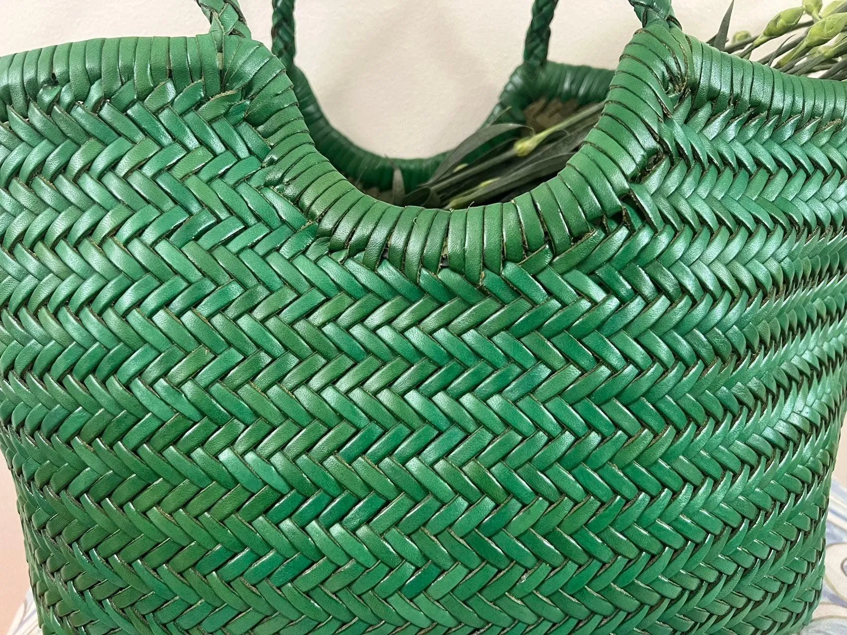 Green Handcrafted Woven Leather Tote Bag, Full Grain Leather Hand Woven Triple Jump Bamboo Ladies HoBo Bag, Curve Opening Summer Holiday Bag