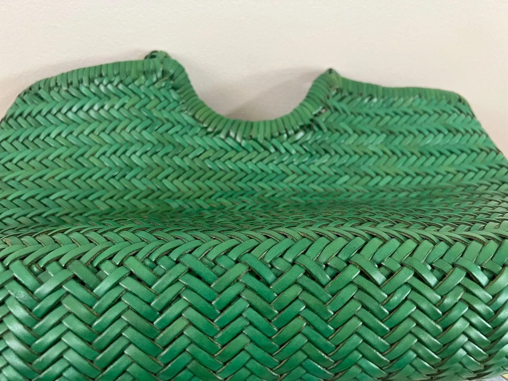 Green Handcrafted Woven Leather Tote Bag, Full Grain Leather Hand Woven Triple Jump Bamboo Ladies HoBo Bag, Curve Opening Summer Holiday Bag