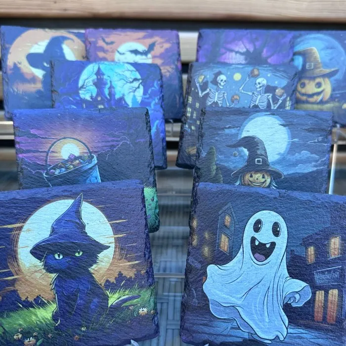 Halloween Slate Coasters - Black Cat Witch