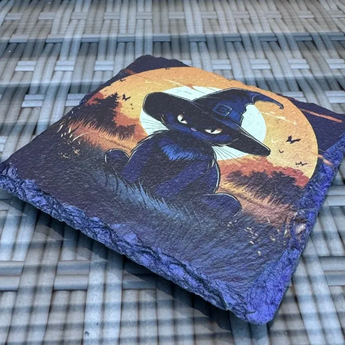 Halloween Slate Coasters - Black Cat Witch